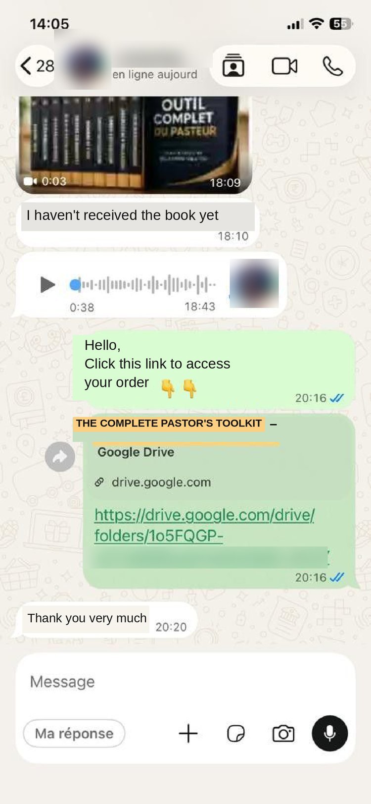WhatsApp exchange confirming order receipt — testimonial 1