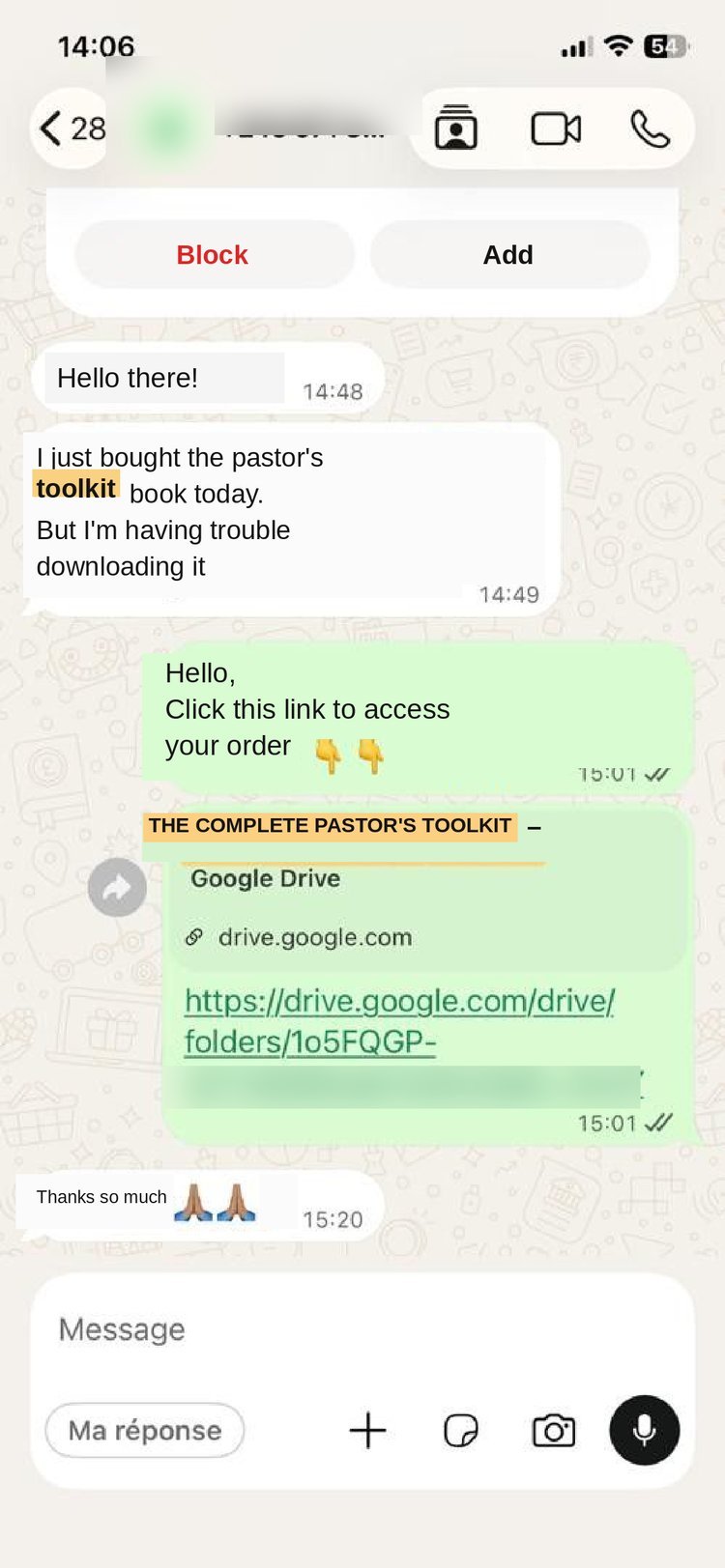 WhatsApp exchange confirming order receipt — testimonial 2