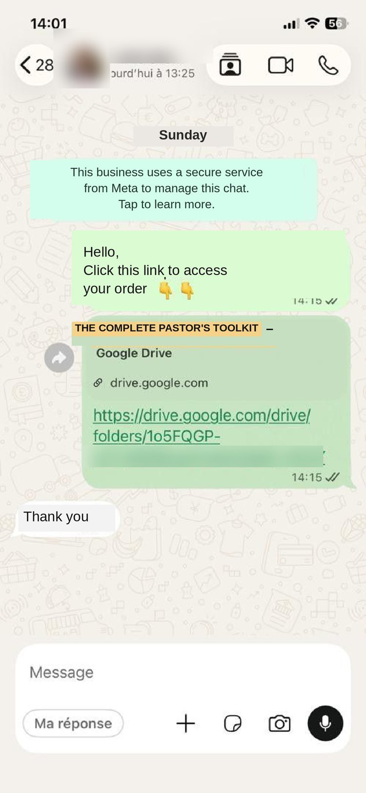 WhatsApp exchange confirming order receipt — testimonial 3