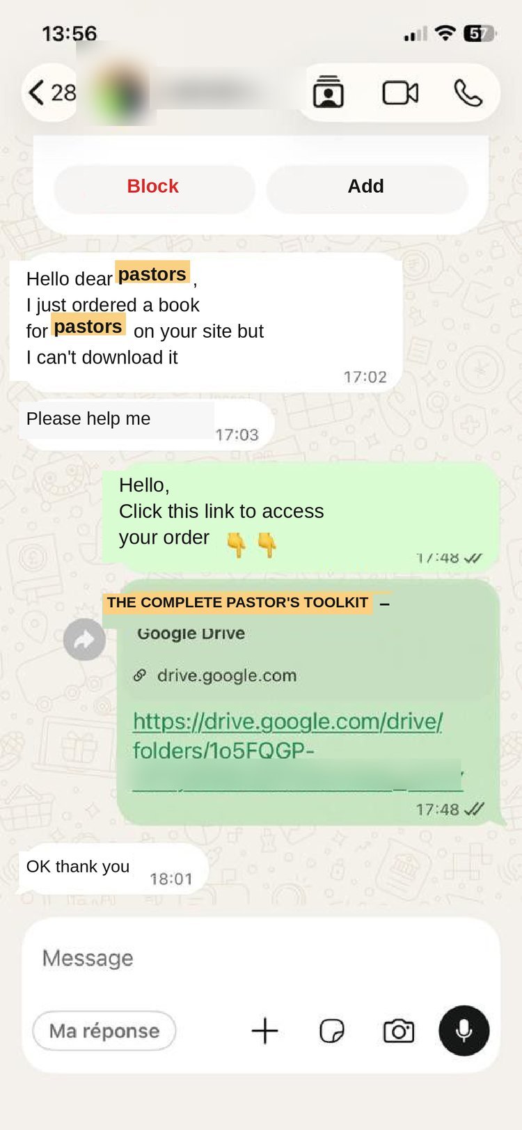 WhatsApp exchange confirming order receipt — testimonial 4